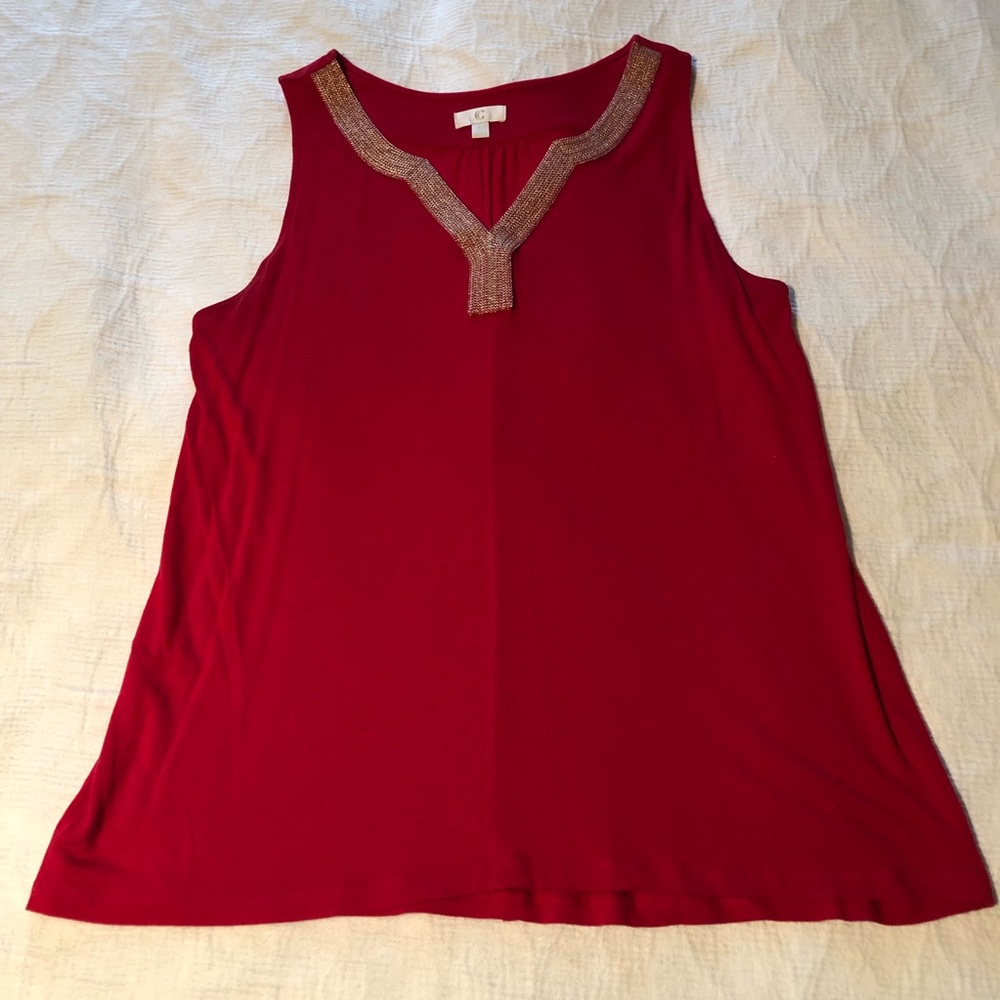 Bright red tank with gold metallic neckline trim
